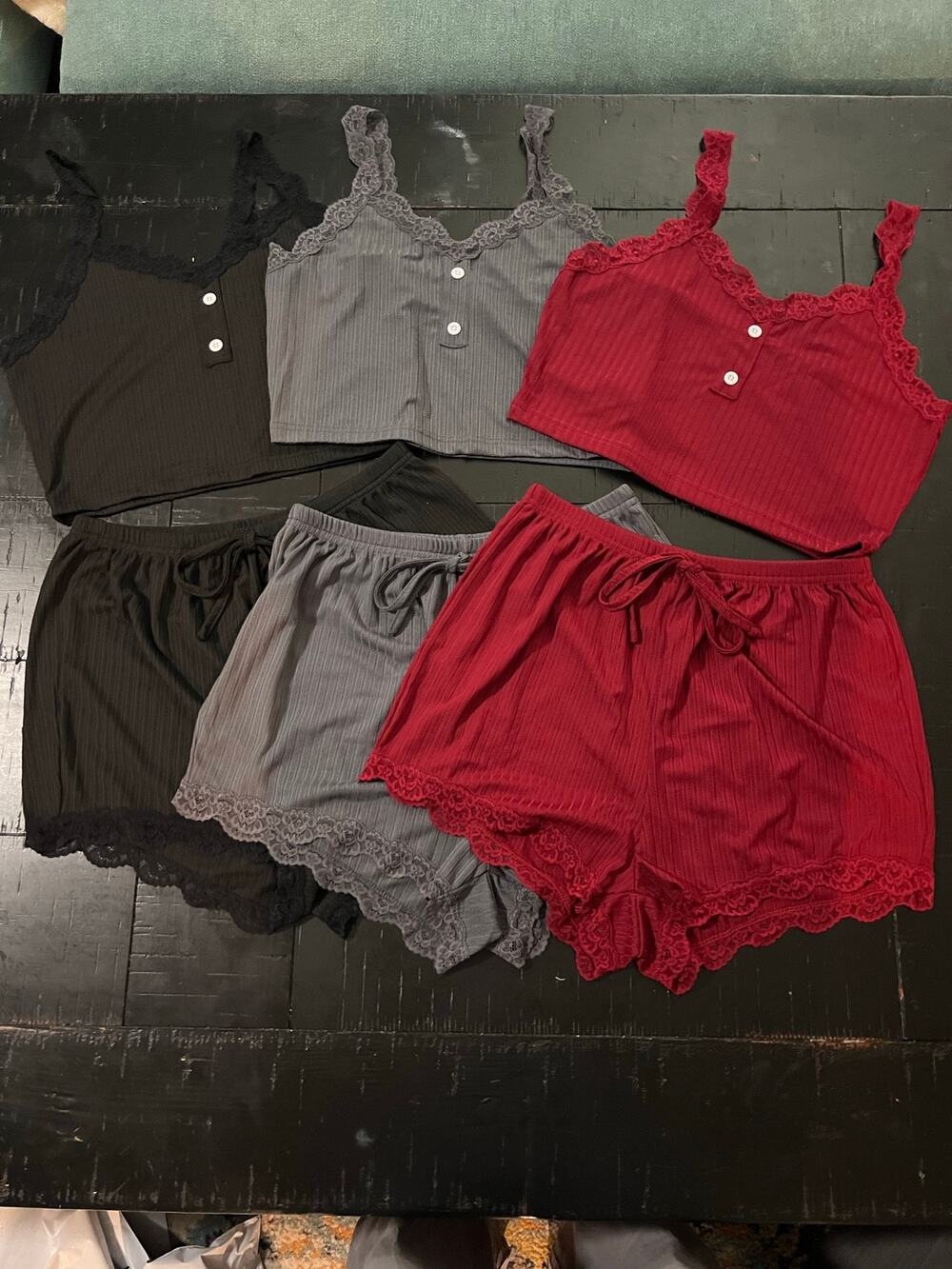 NWOT Size M SHEIN Ribbed Knit Lace Trim Pajama Short Set Lot - 3 Pack Gray Red